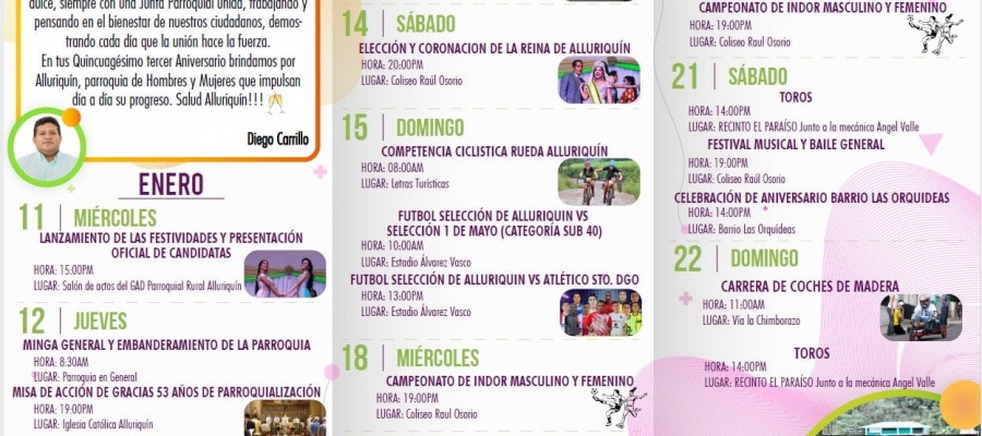 GUIA DE EVENTOS A REALIZARSE POR EL QUINCUAGESIMO TERCER ANIVERSARIO DE PARROQUIALIZACION GUIA DE EVENTOS A REALIZARSE POR EL QUINCUAGESIMO TERCER ANIVERSARIO DE PARROQUIALIZACION